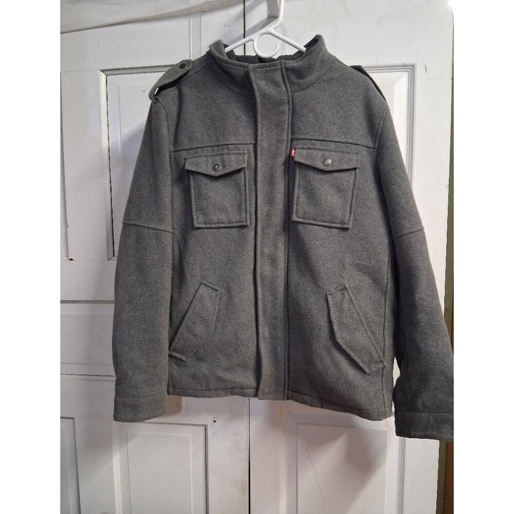 Levis Mens Gray Wool Blend Military-Style Jacket Full-Zip Size L Shoulder Button
